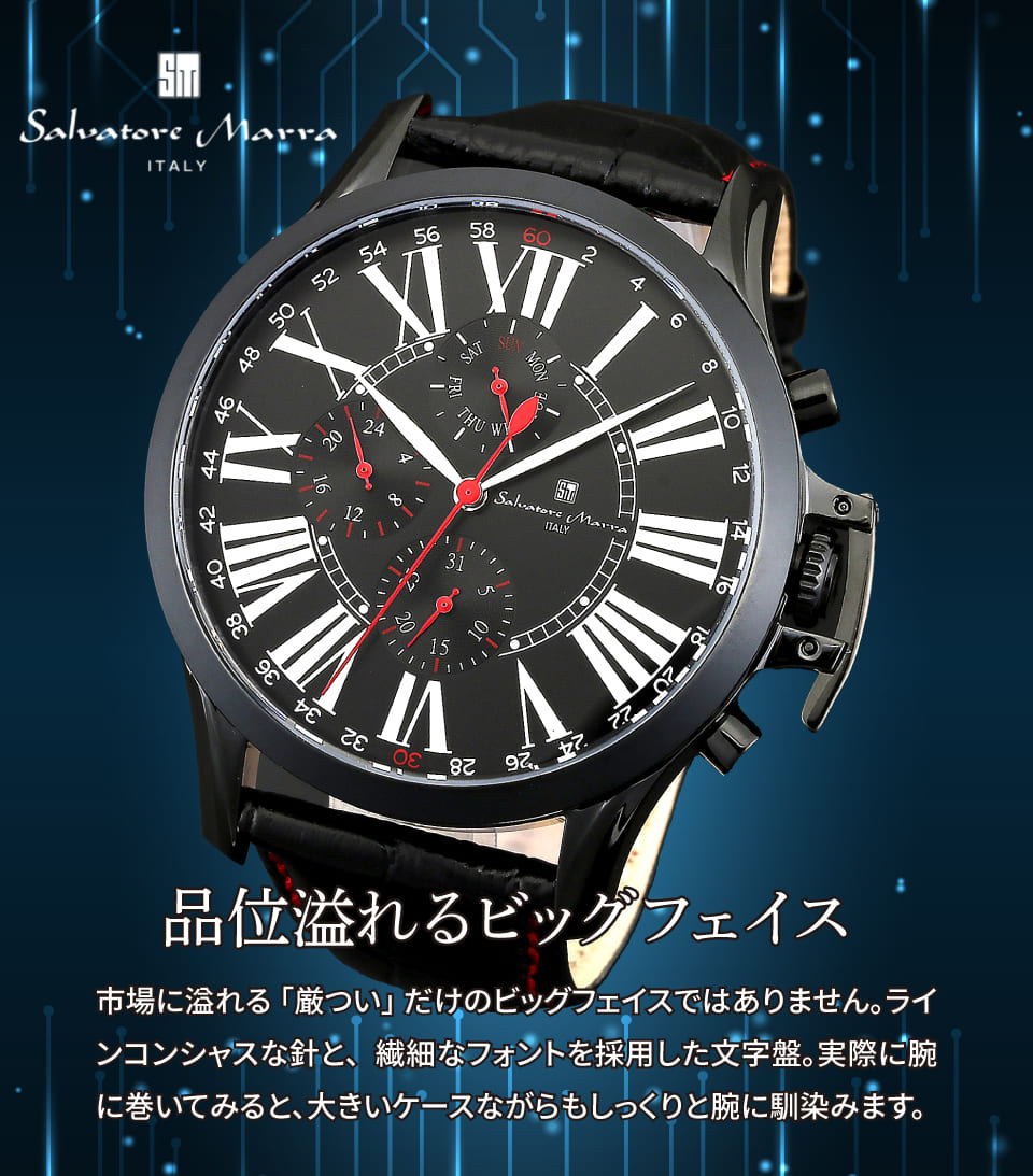 Salvatore Marra 腕時計 メンズ SM14123 IPBK クオーツ カレンダー機能 生活防水 革ベルト ケース経 48ｍｍ